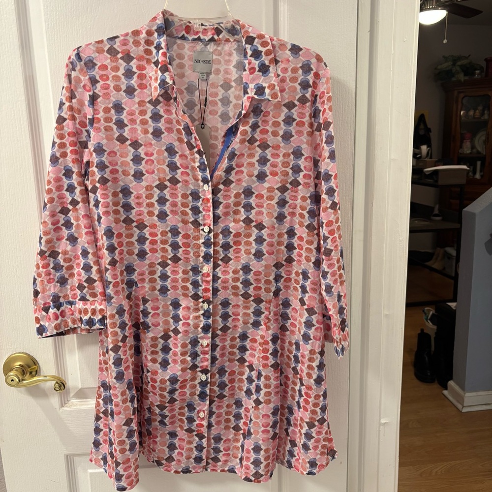 Nic+Zoe NEW Long Crinkle Shirt Pink Purple Longline Button Down Shirt size S